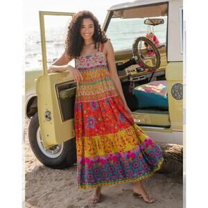 NATURAL LIFE Dress SM Patricia Maxi Smocked‎ Back Adjustable Straps Tiered Skirt